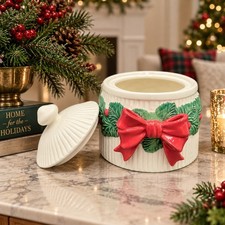 Vtg Fitz & Floyd Handpainted 1992 Christmas Lidded Jar Red Bow Evergreen Taiwan picture
