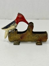 Vintage 1950s Mechanical Woodpecker on Log Toothpick Holder Dispenser Cast Metal picture