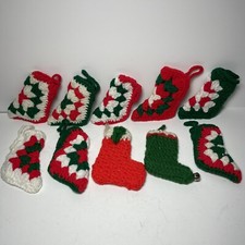 Vintage Granny Square Crochet Christmas Stockings Mini Ornaments Bell Lot Of 10 picture