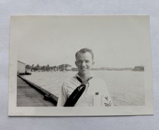 Vtg B&W Snapshot WW2 US Navy Sailor in Uniform Pier Waterfront Candid Photo picture