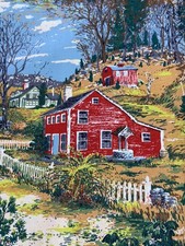 Hill Top Farm by Albert Hubbell Grandma Moses Style MCM Barkcloth Vintage Fabric picture
