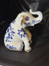 Chinoiserie Blue & White Floral Porcelain Elephant Sitting Trunk Up (Good  Luck) picture