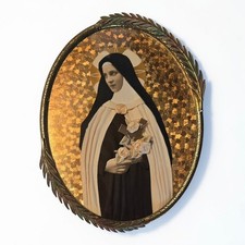 Vintage 1930s Saint Thérèse of Lisieux Framed Decor Convex Bubble Glass 12 x 15 picture