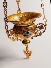 Vintage Orthodox Christian 3 Chain Hanging Votive Vigil Oil Lamp Gold 19