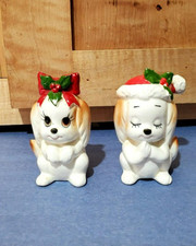 Vtg Lefton Christmas Santa Hat/ Bow Puppies salt & pepper shakers Japan X-H704 picture