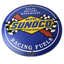 Vintage Sunoco Racing Fuels Sign - Gas Service Station Porcelain Pump Ad Sign picture