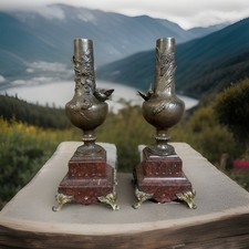 Superb Pair Antique Bird, Oil Lamp Bronze & Marble Vases Signed Aug. Moreau picture