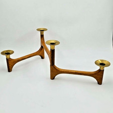 Vintage Mid Century Teak Brass Articulating 4 Light Candle Holder Centerpiece picture