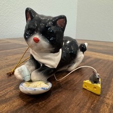 Vintage 1980s Ceramic Tuxedo Cat Figurine Pull String Moving Mouse Cheese Charm picture