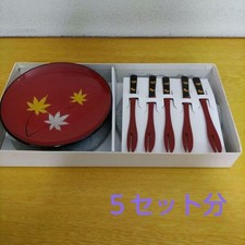 Aizu Lacquerware Dessert Plate Set with Forks, 5pcs, Red, Autumn Leaves picture