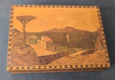 19th Century Antique Wood Inlay Marquetry Box Coastal Scene Boat Norwegian picture