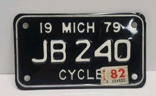 Vintage 1979 Michigan Motorcycle License Plate JB 240 WIth 1982 Sticker Mich 79 picture