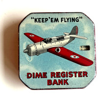 Vintage Keep’Em Flying Dime Bank Toy WWII Era. Scarce red/blue back version.  picture