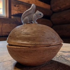 Vintage Holland Ceramic Squirrel on Walnut Candy Nut Dish Bowl 8” picture