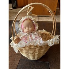 Vintage Sleeping Baby Doll in Wicker Basket Music Box Lace Trim Pink collector picture