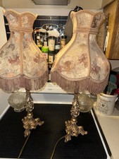 2 Vintage Metal Rose Gold Boudoir Lamps  Victorian Revival Fringed Shades 28 In picture