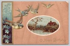 Antique Birthday Postcard Swallows Birds Cottage Embossed Germany c1910 picture