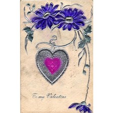 Antique 1912 Valentine Postcard Embossed Silver Heart Purple Daisies Germany picture