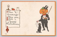 Antique Halloween Postcard JOL Man Top Hat Black Cat Embossed c1912 picture