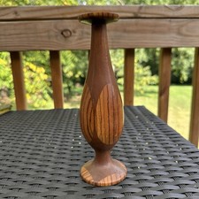 Vintage Hand Turned Segmented Wood Pillar Round Candle Holder Stand Signed picture