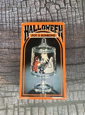 NEW Vintage 1987 Lidded Pedestal Glass Halloween Candy Jar Trick or Treaters picture