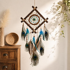 Rattan Dream Catcher Boho Wall Decor, Peacock Goose Feather Crystal Hanging picture