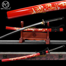 Hand Plished Real Sharp Clay Tempered T10 Steel Japanese Sword Katana Red Saya picture