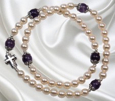 Handmade Five Decade Catholic Rosary Stretch Bracelet,  Amethyst and Shell Pearl picture