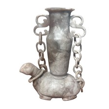 Vintage Chinese Carved Grey Marble Onyx Scholar Desk Turtle Vase Loose Chain 6” picture