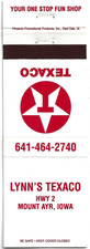 Vintage Matchbook Cover Lynn's Texaco Mount Ayr Iowa Highway 2 - 1976 picture