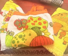 3pc SET VTG 1970s Mushroom Towel Apron Kitchen Towel Yellow Crochet Top Towel picture