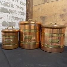 VTG Copper Canister Set Brass Patina Flour Sugar  Tea Rustic Kitchen THREE picture