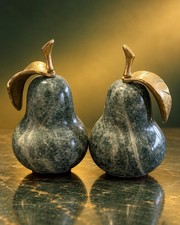 Vintage Decorative Crafts Inc #2591 Green Marble Pears Brass Stem Leaf Pair picture