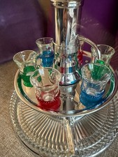 Vintage Mid Century Modern Chrome Rotating Decanter Set Barware Shot Glasses picture