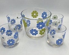 Vtg 60's 70's MCM Colony Flower Power Blue Daisy Ice Bucket 4 High Ball Glasses picture
