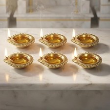 Brass Diya Set of 6 Indian Oil Lamp Decorative Pooja Diwali Festival Decor picture