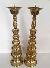 2 Vintage Large Stacked Brass Tall Floor Pillar Candlestick Holders Prickets 18