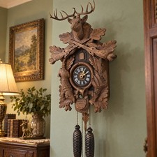 Vintage German Cuckoo Clock Hand Carved Hunting Deer Rabbit Pine Cone Weights picture