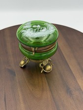 Moser Emerald Green Deco Trinket Box with White Enamel Chickens on the Fence picture