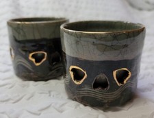 Vintage Obori Somayaki Tea Cups Golden Horse Double Wall Heart Japanese Set of 2 picture