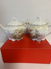 1929 Large Hand-painted Lidded Sugar And Lidded Creamer With Spout 5” T #7287 picture