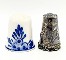  2 Vintage Thimbles Dutch Delft Blue Porcelain Thimble, Mexican scrollwork Taxco picture