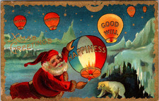 Hot Air Balloon Santa Christmas Greetings Embossed Postcard North Pole  picture