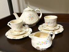 Vintage Signed Shirley Studio Pottery Floral Tea Set Teapot Cups Saucers 9 Pc picture