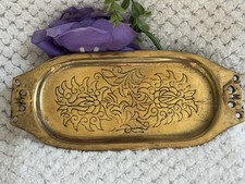 Vintage Brass Tray Engraved Floral Design Pierced Handles 9.5” Decorative Dish picture