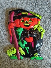 Vintage Plastic 3D Pumpkin Cat Vacuform Halloween Wall Hanging Decor Glow picture