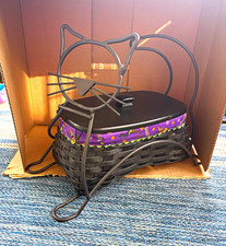Longaberger Black Woven Basket w/ Halloween Liner & Metal Cat Stand w/ cat knob picture