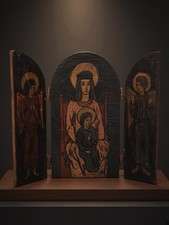 Antique Folk Art Wooden Triptych Madonna Child Angels Religious Icon Hinged Door picture