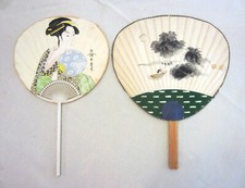 Two Vintage Japanese Silk Paper Paddle Hand Fans picture