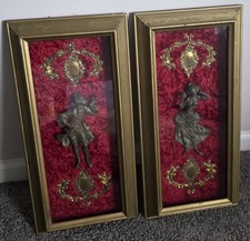 Vintage Mid Century Victorian Shadow Box Wall Plaques Pair 3D Relief Figures Red picture